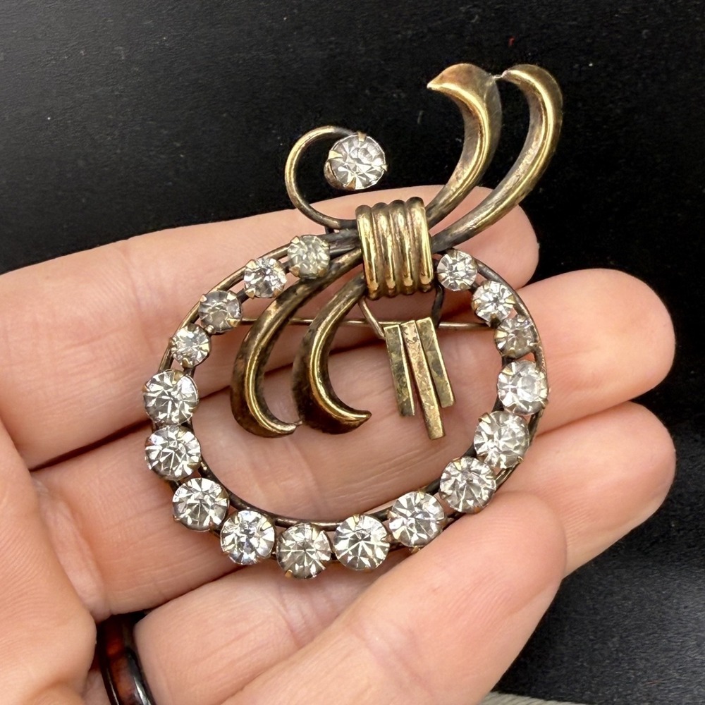 Vintage‎ Tru-Kay Gold Filled Brooch Rhinestone Paste
